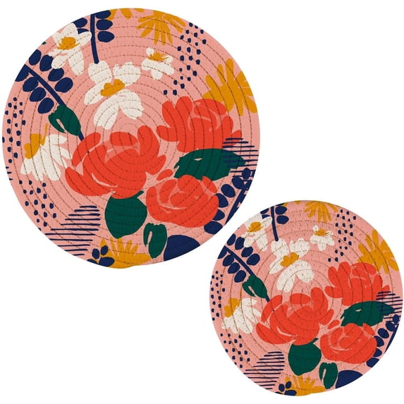 Pot Holders Trivets Set Cotton Potholders Set, Hot Pads Set of 2, Colored Flowers Hot Pot Trivets One 9.45 Inch and One 7 Inch