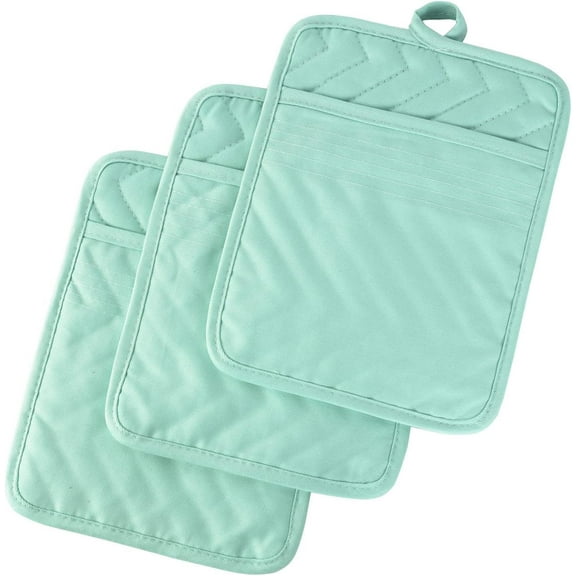 Pot Holders and Oven Mitts 7" X 9" Heat Resistant Cotton Pocket Pot Holder Set Feature of Non Slip Kitchen Hot Pad Oven Mitts, 3-Pack (Aqua Sky)