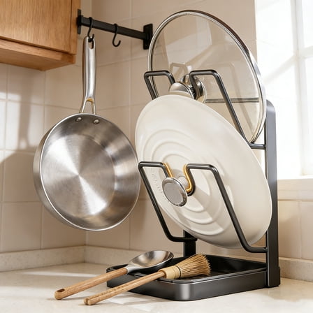 Pot Lid Holder, Multifunctional Kitchen Rack, Stainless Steel Organizer for Pot Lids and Utensils, Countertop Storage with Drainage, Space-Saving Multi-layer Design