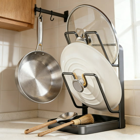 Pot Lid Holder, Multifunctional Kitchen Rack, Stainless Steel Organizer for Pot Lids and Utensils, Countertop Storage with Drainage, Space-Saving Multi-layer Design