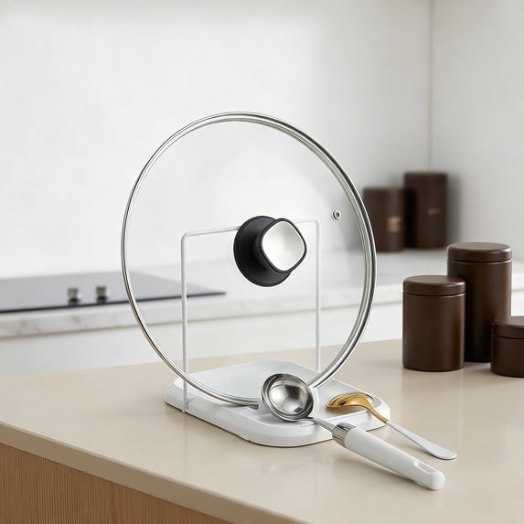 Pot Lid Holder and Spoon Rest for Kitchen Counter, Foldable Pan Lid Organizer Stand with Non-Slip Pads, Multifunctional Utensil Holder