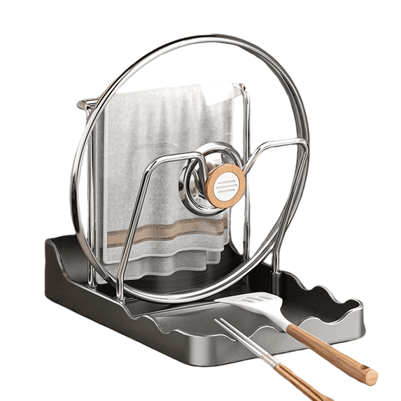 Pot Lid Holder for Kitchen Countertop - 2-in-1 Pot Lid Organizer with Spoon Rest and Rag Holder, PP + Stainless Steel Storage Rack(Gray,C)