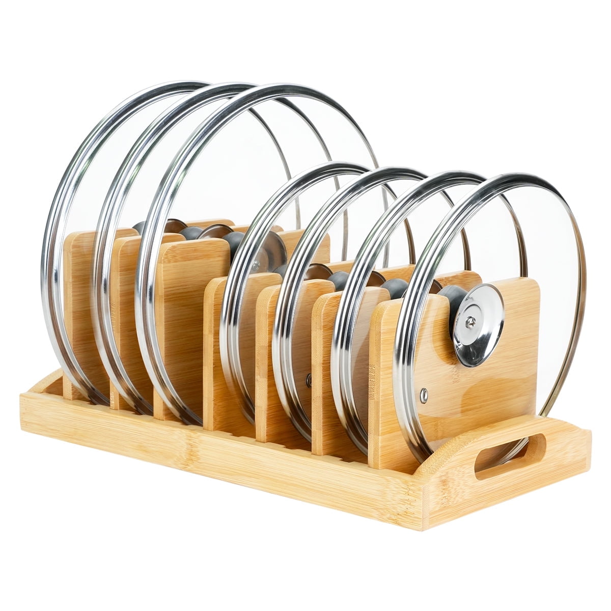 Bamboo Pot Lid Holder Organizer – Stores 6 Lids, Dividers For Cutting Boards & Pans, Fits In Cabinets & Drawers