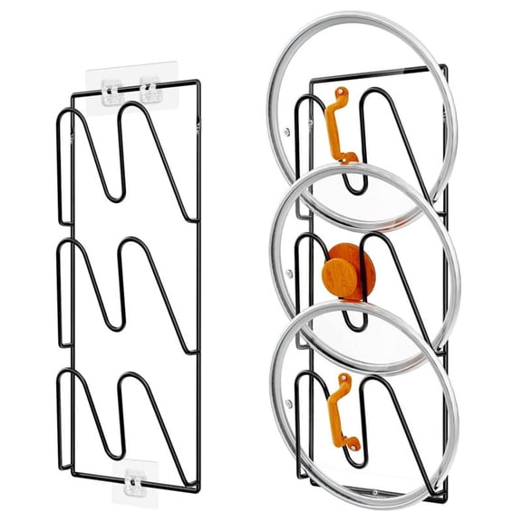 Pot Lid Organizer Rack | 3-Tier Stainless Steel Wall Mounted Pot Lid Holder for Cabinet Door • No Drilling • Rustproof • Space-Saving Lid Storage | 13.6" x 6.3" | Includes & Nails | 2 Pack