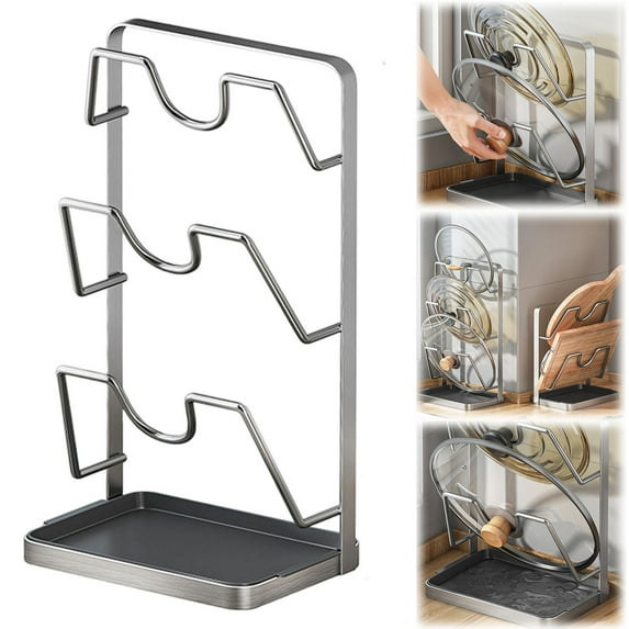 Pot Lid Organizer Rack,Pot Lid Holder While Cooking,Kitchen Pot Lid Storage Rack for stove top,Multifunctional Kitchen Pot Lid Organizer for Countertop(Silver,3-Layer)
