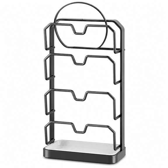 Pot Lid Storage Rack, Black, Carbon Steel, U-Shaped Vertical Slots with Drip Tray, Space Saving, Countertop, Modern