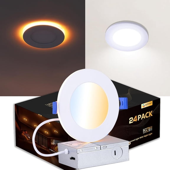 Pot Lights LED 3 Inch Recessed Lights with Night Light, Dimmable & 5CCT Selectable, Wafer Downlight Panel Ceiling Light, 6W, cETL, 24 Pack, IC & Wet Rated