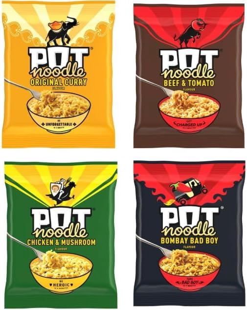 Pot Noodle Variety 4  Pack, Instant Noodles, Original Curry, Beef & Tomato, Chicken & Mushroom, Bombay Bad Boy Flavours