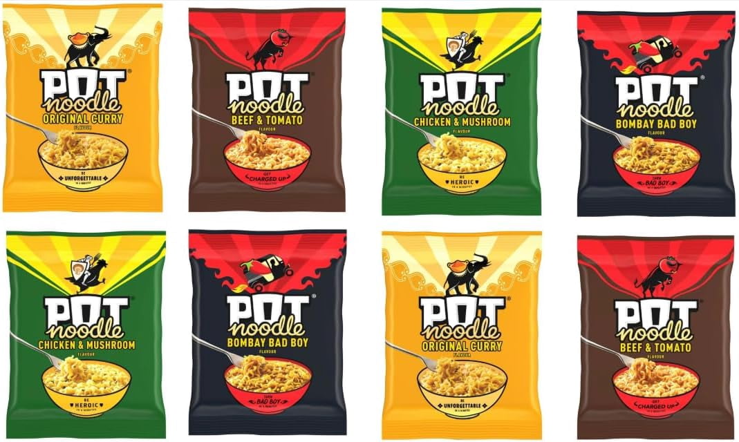 Pot Noodle Variety Pack, Instant Noodles, Original Curry, Beef & Tomato, Chicken & Mushroom, Bombay Bad Boy Flavours - (Pack of 8)