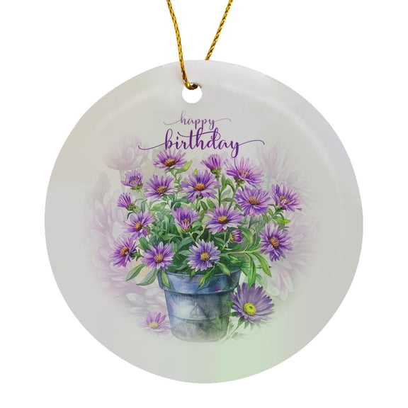 3drose, Pot of Purple Asters Perfect for a September Birthday, Circle Porcelain Ornament