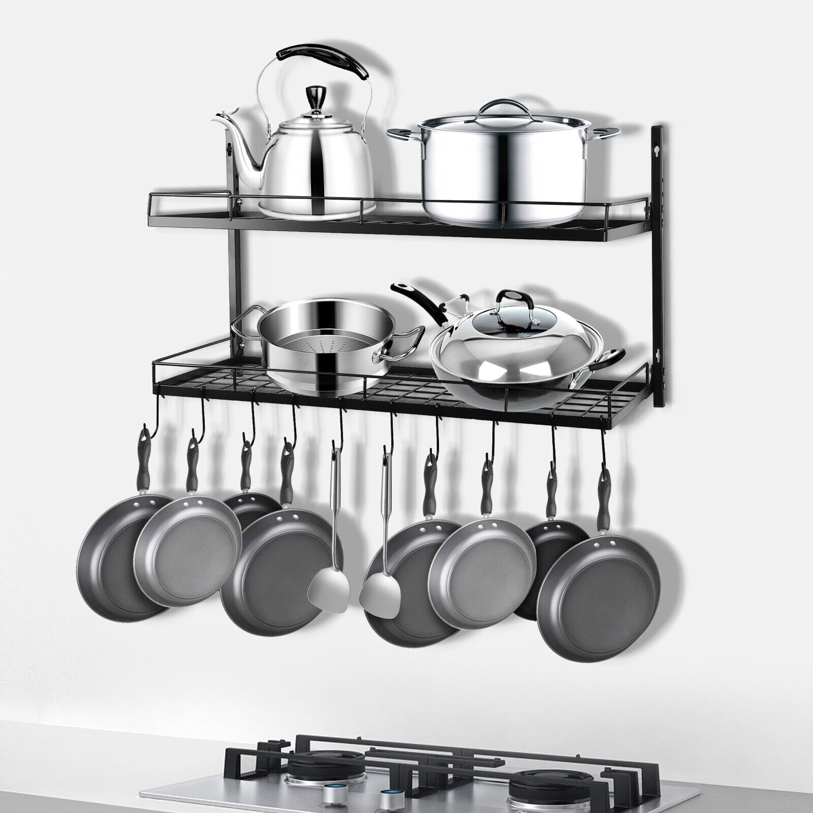 Pot Pan Hanging Rack Wall Mounted Set of 2 Kitchen