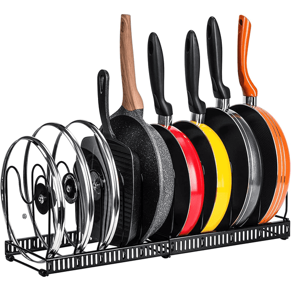 Pot and Pan Organizer Rack for Cabinet, Expandable Pot Lid Organizer Holder with 10 Adjustable Dividers, Fully Expanded Size 22.83" W x 7.09" D x 7.09" H, Black