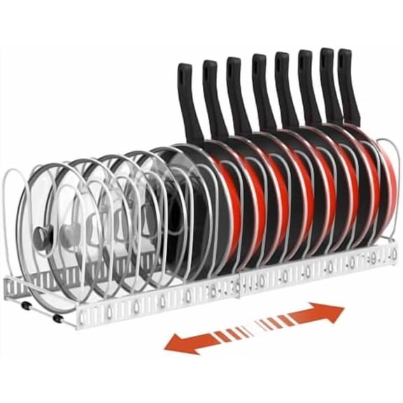 Pot and Pan Organizer Rack for Cabinet, Upgraded Expandable Pot Lid Organizer with 14 Adjustable Dividers, Pan Holder Storage Rack for Kitchen Cabinet, White