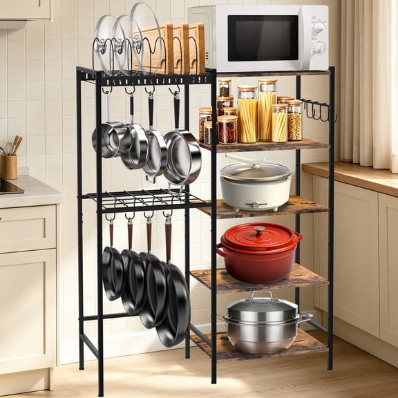 Pot and Pan Organizer Rack with Lids Holder, 5-Tier Kitchen Cookware Storage Shelf, Adjustable Freestanding Pot Rack for Kitchen, Pantry & Dining Room
