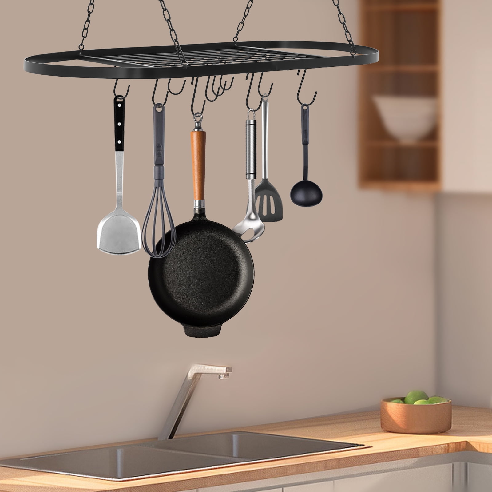 Ceiling Pan Racks Pot & Pan Rack Ceiling Mounted kitchenware Holder Hanging Storage Shelf ...