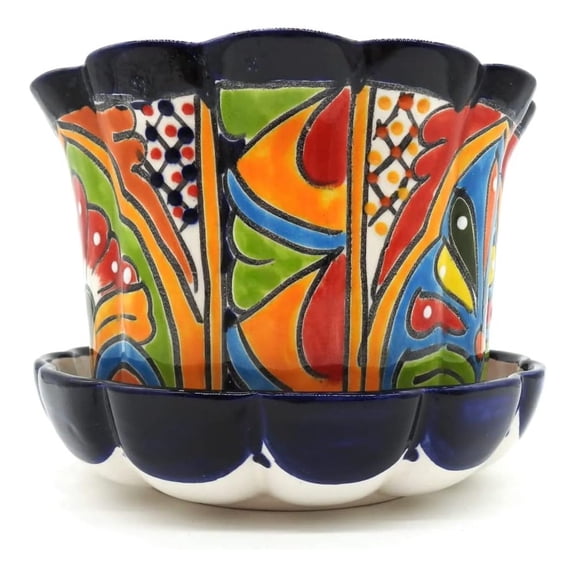 Pot Planter with Saucer Large Hand Painted Indoor Outdoor Multi Colored Figure Glazed