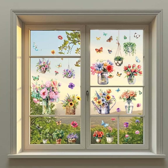 Pot Plants Flowers Window Stickers Plants Window Clings Decorative Glass Window Clings for Home Flowers Non-Adhesive Sticker Glass Window Doors Decals 90x30cm(35x12in) 2 Sheets Mixed Color