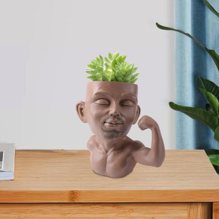 Pot Plants Human Funny Face Flower Pot Collection Art Decorative with Drain Hole Head Planter Resin Face Pots for Bookshelf Bar Brown
