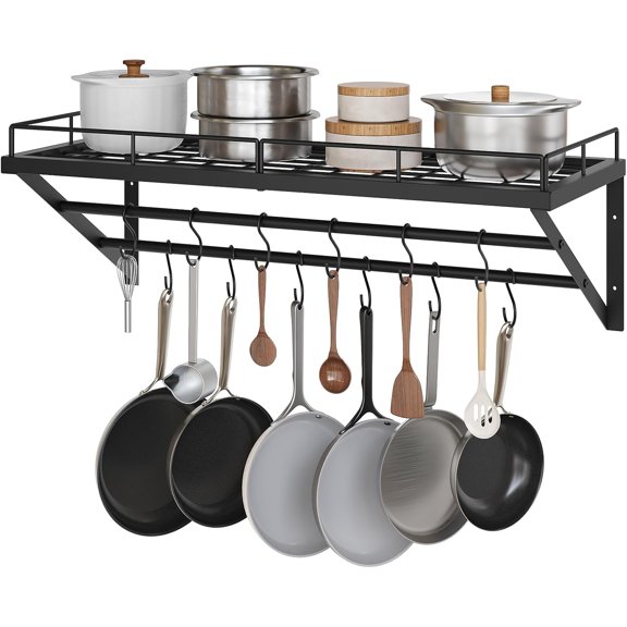 Pot Rack, 30 Inch Wall Mounted Pot Rack, Kitchen Pot and Pan Organizer with 2 Tier Hanging Rails, 12 S-Hooks, Space Saving, for Kitchen Cookware Organizer, Black