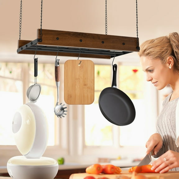 Pot Rack Hanging,pot hanger,Hanging Pot Rack Ceiling Mount,Vintage Pot Hangers for Kitchen Ceiling,The Terfect Combination of Iron and Wood Pot Hanger,Measures 24 x 13 x 2.4 Inches
