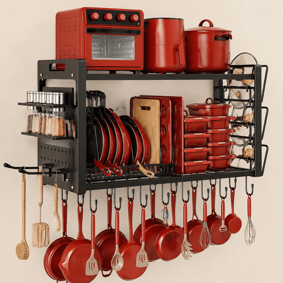Pot Rack Wall Mount, 4 in 1 Hanging Heavy Duty Metal Pan Shelf Organizer with 20 Hooks 3 Pot Lid Holder with 8 Adjustable Dividers Loads 100lbs for Kitchen Cookware and Utensil storage