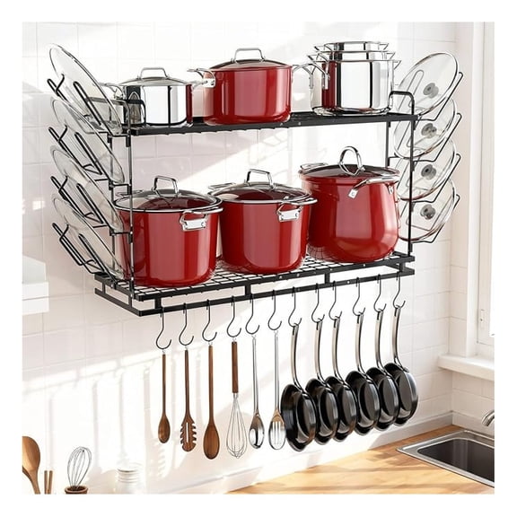 Pot Rack Wall Mounted 22-30 Inch Expandable, 2 Tier Heavy Duty Pan Organizer with Lid Holders, Adjustable Height Kitchen Cookware Storage