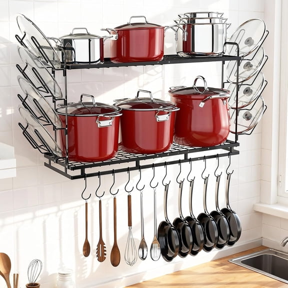 Pot Rack Wall Mounted, 22''-30'' Length Expandable, 3 Level Height Adjustable, 2 Tier Heavy Duty Hanging Cookware Pan Organizer with 12 Hooks and 8 Lid Holders