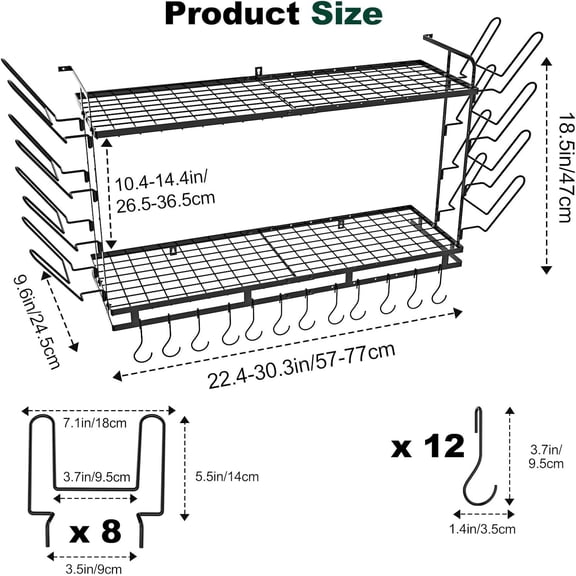 Pot Rack Wall Mounted, 22''-30'' Length Expandable, 3 Level Height Adjustable, 2 Tier Heavy Duty Hanging Pan Organizer with 12 Hooks and 8 Lid Holders, Cookware Utensil Hanger for Kitchen