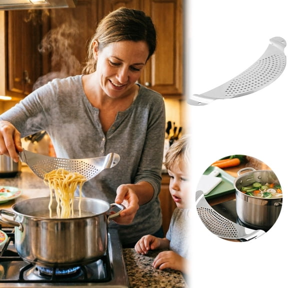 Pot Strainer Clip-On Pasta Drainer Colander Moon Rim Shaped Draining Utensil for Pasta Vegetables and Food Kitchen Cooking Stainless Steel