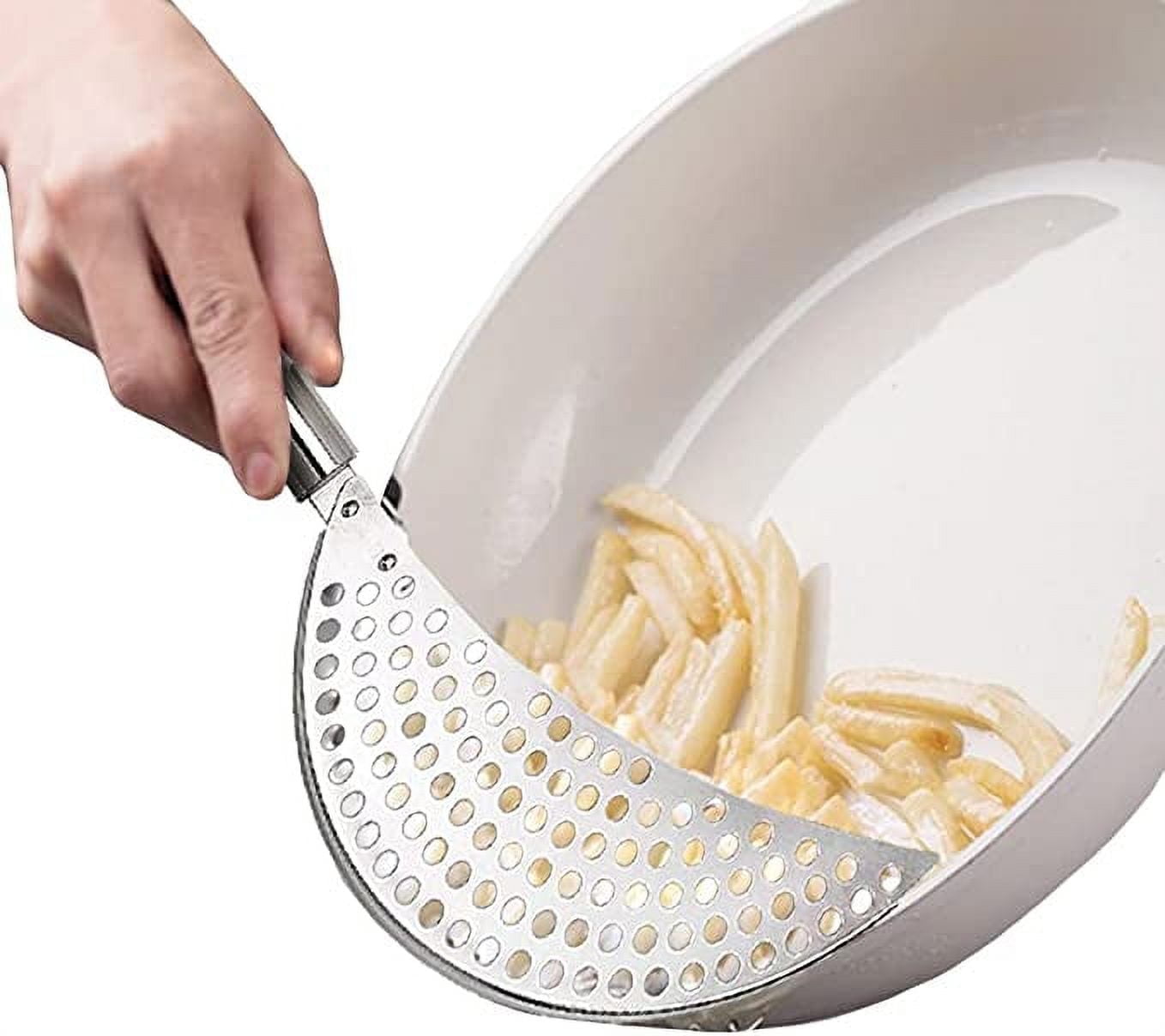 Pot Strainer Stainless Steel Crescent Pot Strainer with Handle Pasta Strainer Pan Pot Strainer with Recessed Hand Grips Suitable for All Sizes Up to