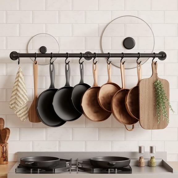 Pot and Pan Hanger with 10 Hooks for Cast Iron Utensil, Kitchen Pot Rail with Drilling Template for 16" Stud Mount,