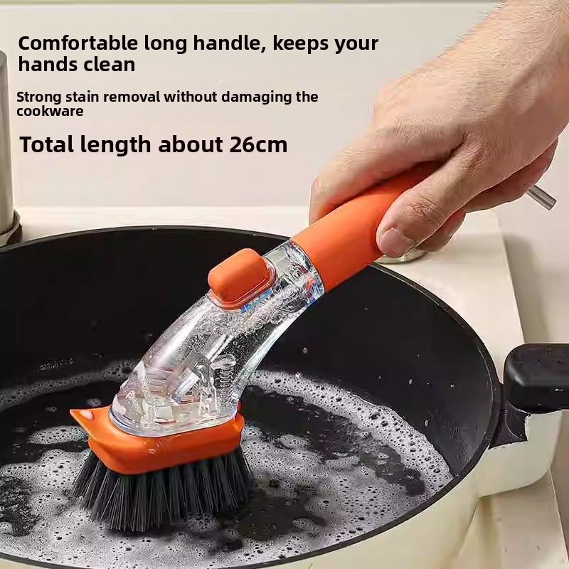Pot brush, comfortable and long handle, does not dirty hands, does not hurt the pot, comes with a space for storing detergent, and automatically discharges liquid when pressed.