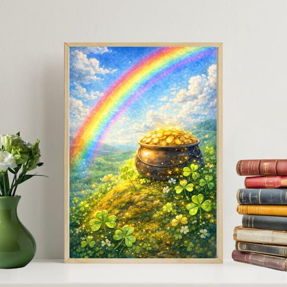 Pot of Gold with Rainbow in Shamrock Poster Field: - St Patrick's Wall Art 8x12 UNFRAMED