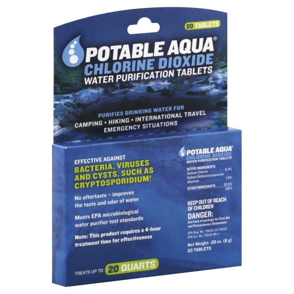 Potable Aqua Chlorine Dioxide Water Purification Tablets 20 Ea