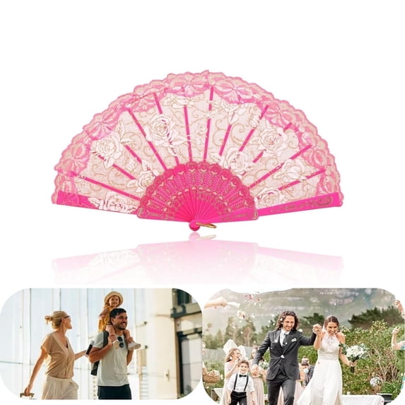 Potable Lace Folding Hand Fan,QZS Embroidered Flower Decorative Folding Fans Chinese Hand Fan for Costume Wedding Bridal Dancing Tea Party,Pink