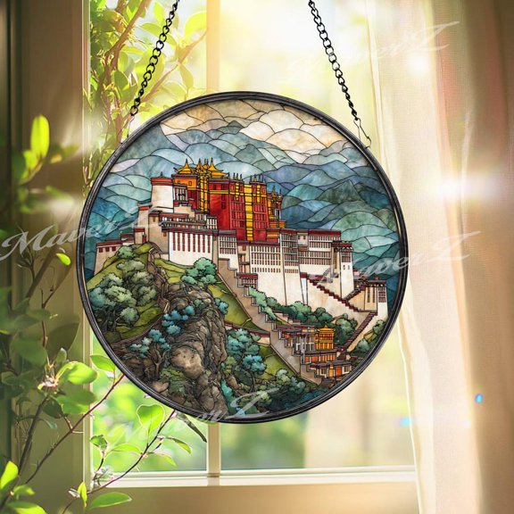 Potala Palace Glass Suncatcher, Round Tibetan Landmark Window Panel, Travel Art, 3.5 in