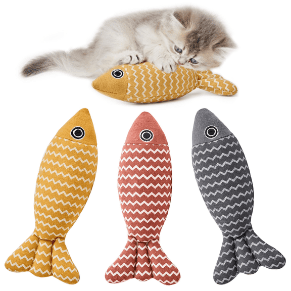 Potaroma 3‑Pack Fish‑Shaped Cat Toy, Crinkle Catnip Soft‑Linen Kicker, 7.8 inches
