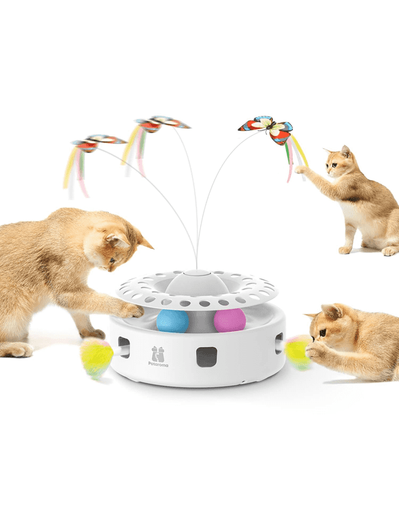 3in1 Automatic Interactive Cat Toy, Fluttering Butterfly Moving Feather Track Balls, Dual Power Supplies Usb Powered Indoor Exercise Kicker, Bright White