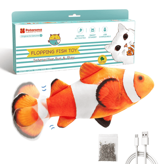 Potaroma Flopping Fish Cat Toy, Silvervine and Catnip Filled, Interactive Kicker for Kittens, Floppy Clownfish, 10.5 inches