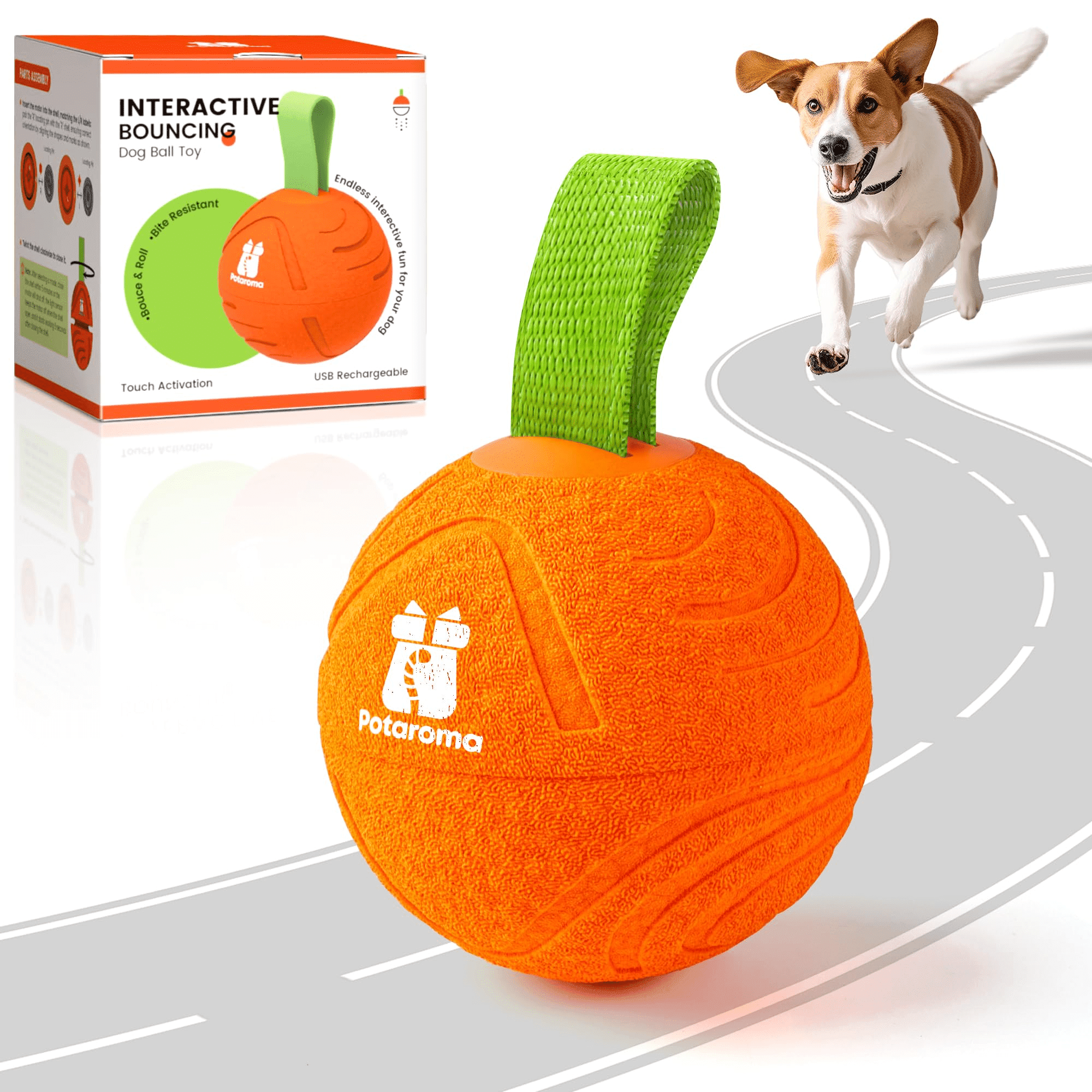 Potaroma Interactive Dog Ball Toy with Rope, 3 Mode Motion Activated Usb Bouncing Ball, Durable E-TPU, 3.2 Inch for Medium Large Dogs