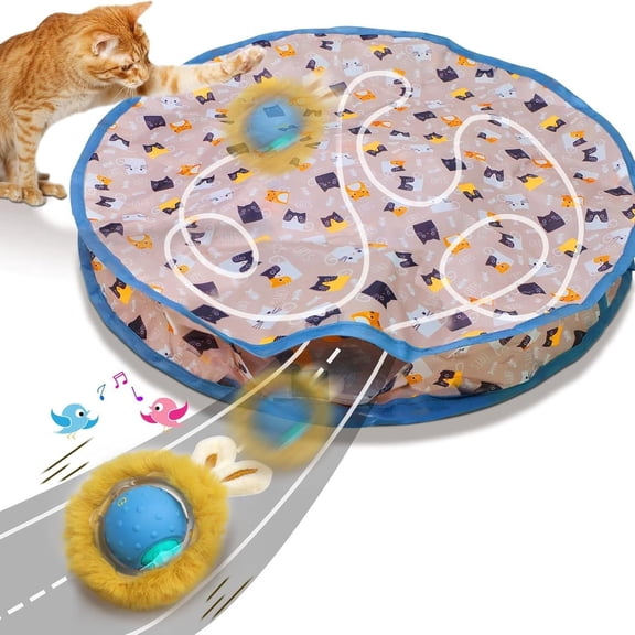 Potaroma Interactive Cat Toy, Motion-Activated Chirping Ball in Pouch, Hide-and-Seek Mouse Game, Fast Rolling, Blue