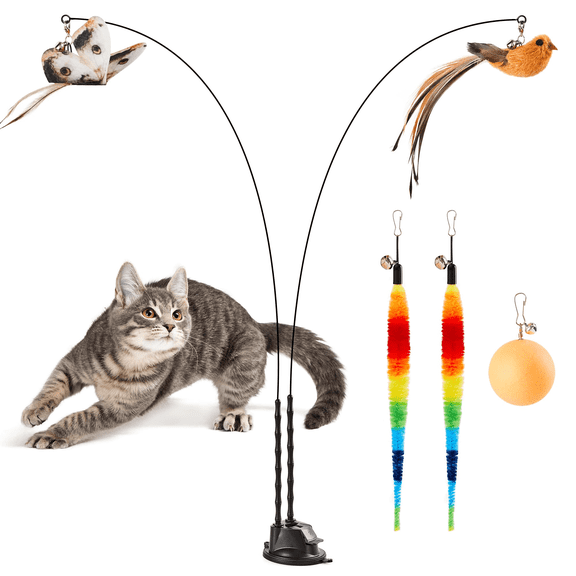Potaroma Dual-Wand Suction Cup Cat Toy, Interactive Indoor Kitten Teaser with 5 Feather Balls, Charcoal Base