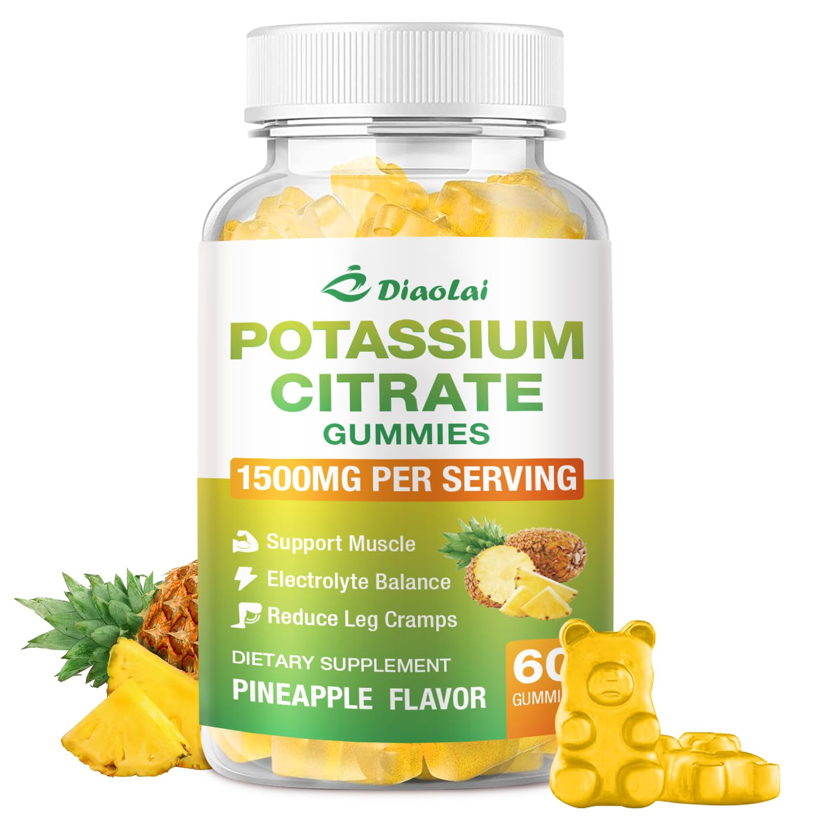 Potassium Citrate 1200mg Gummies - Potassium Supplement KMC2for Women & Men, Supports Leg Cramp Relief & Muscle Health, Vegan, Pineapple Flavor (60 Count)