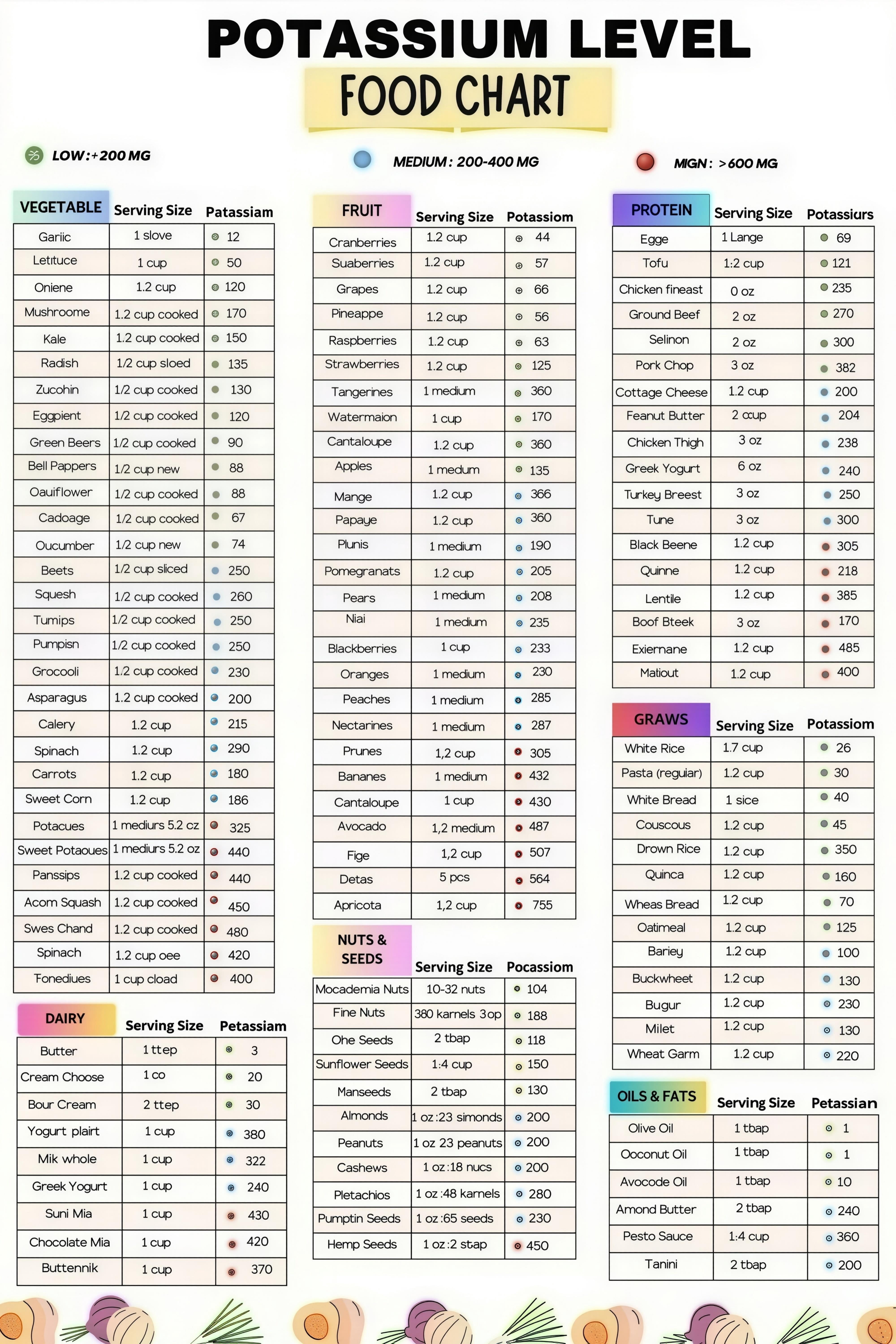 Potssiu Potassium Levels Food Reference Chart for Kitchen Dietary Study poster ...