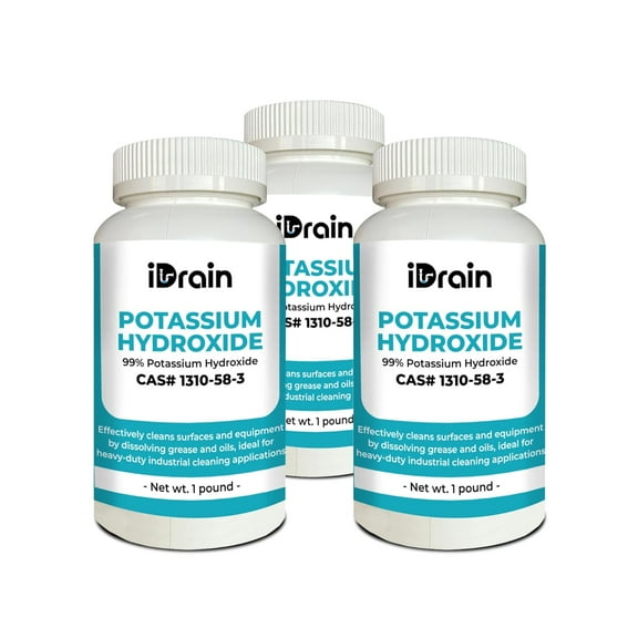 Potassium Hydroxide (Caustic Potash) (KOH) - Chemical for Laboratory, Soaps, Batteries, Electroplating, Drain Cleaner, Food, Fertilizers, Fragrances, Makeup, Nail & Skincare - 1 Pound | Pack of 3