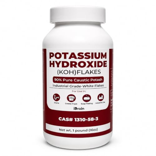 iDrain Potassium Hydroxide (KOH) Flakes 90% Pure Caustic Potash, Industrial Grade Lye for Soap Making, Biodiesel, Drain Cleaning & Grease Traps, Resealable Container, 1 lb / 16 oz