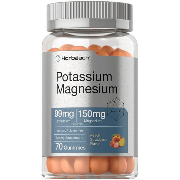 Potassium Magnesium | 70 Gummies | 99mg Magnesium | 150mg Potassium | Peach Strawberry Flavor | by Horbach