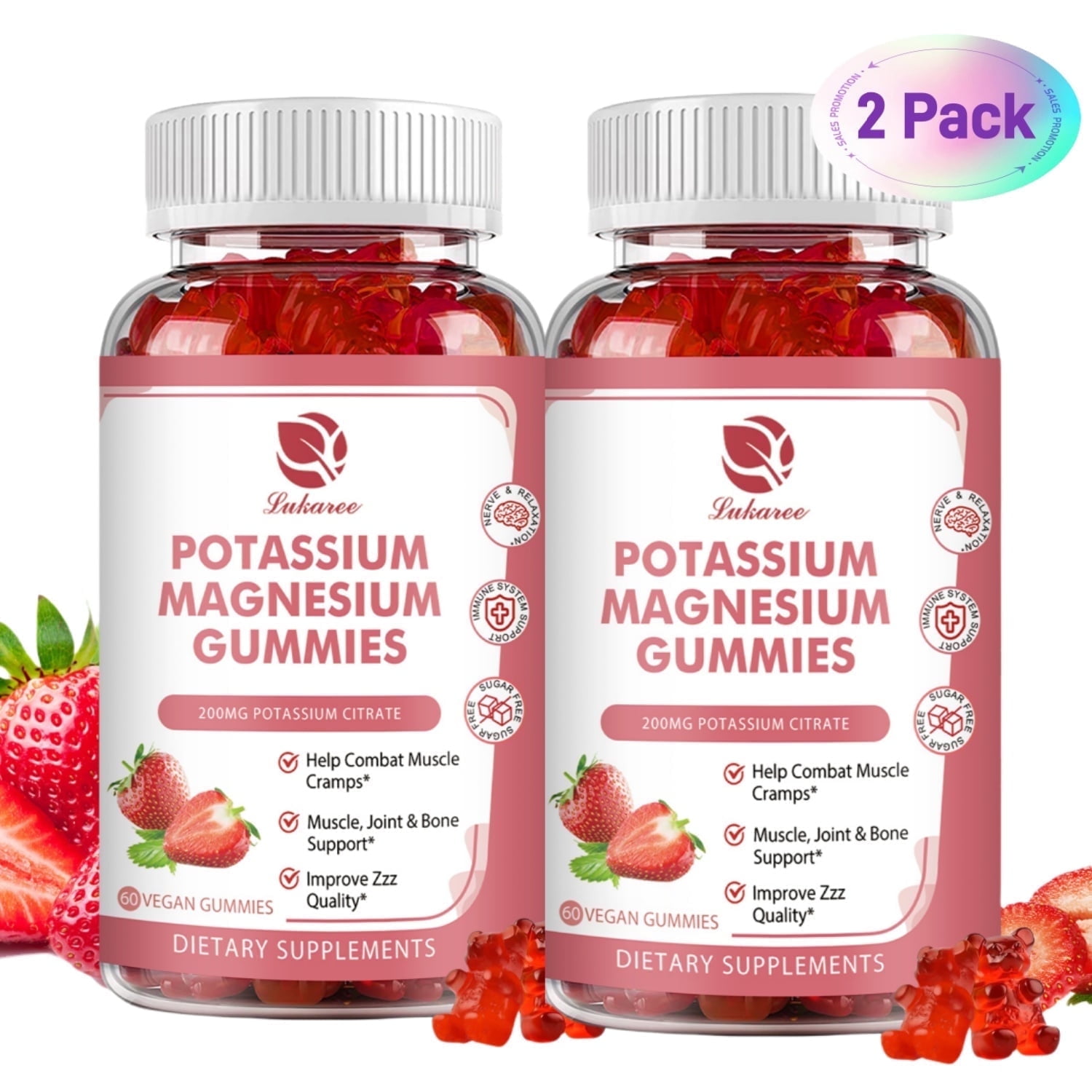 Potassium Magnesium Gummies - High Absorption Magnesium Glycinate 500mg & Potassium Citrate 200mg & Omega 3, B6, D3, K2 & Calcium - Chewable Gummy for Leg Cramps, Immunity & Energy - 120 Count