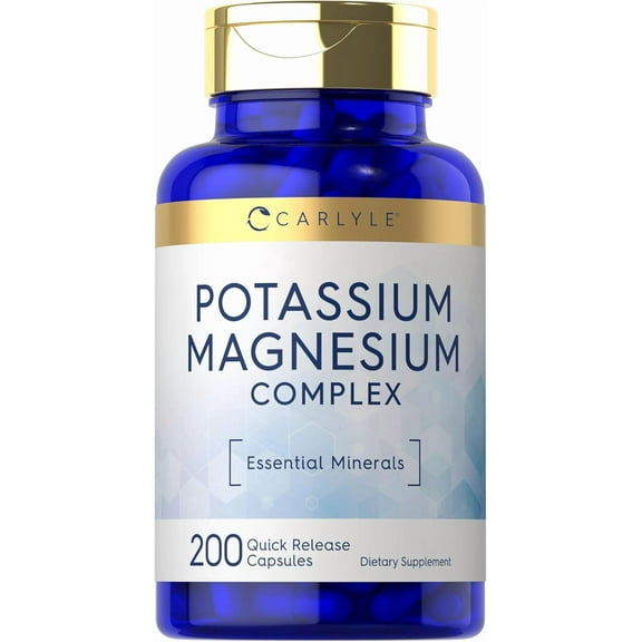 Potassium Magnesium Supplement | 200 Capsules | Non-GMO & Gluten Free Complex | by Carlyle