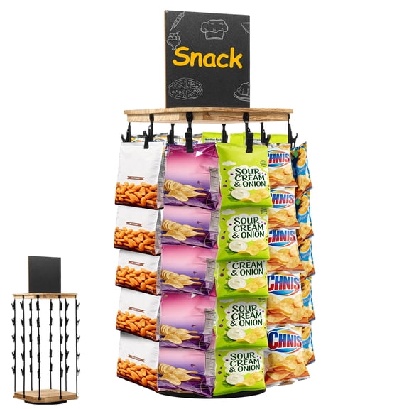 Potato Chip Display Rack 360 Rotating Wood Top Metal Snack Bag Holder with Multiple Hanging Clip Countertop Retail Stand for Chip Pouch Small Packaged Good